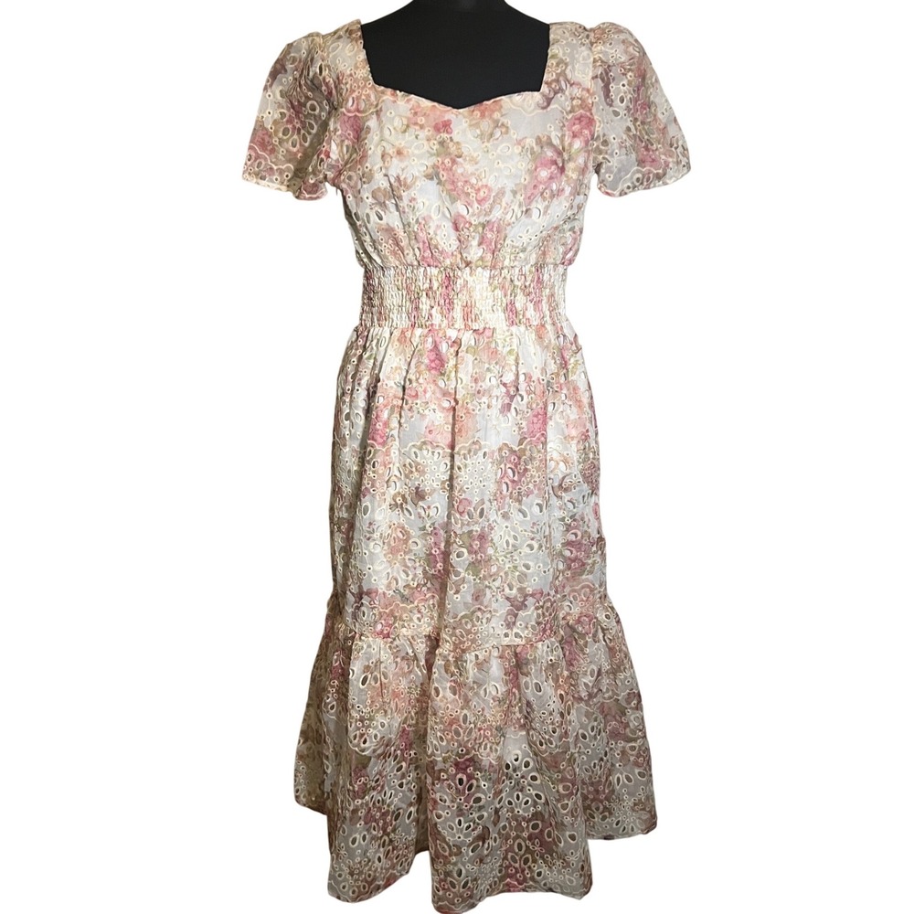 Solitaire Smocked Eyelet Maxi Dress in Pink White Floral, Women's Size Medium